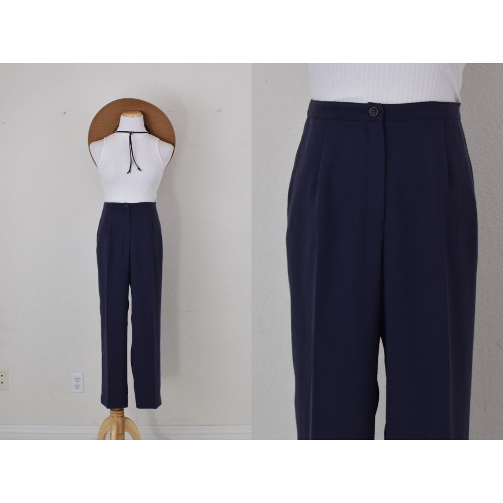 Vintage 90s Blue Flowy Polyester Trousers size 12P‎ | 30-32 waist